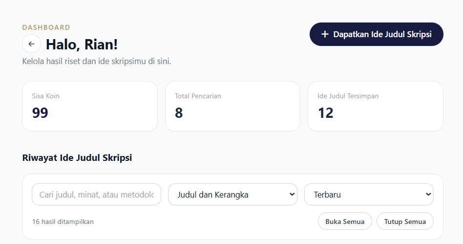Tampilan dashboard bimbingan